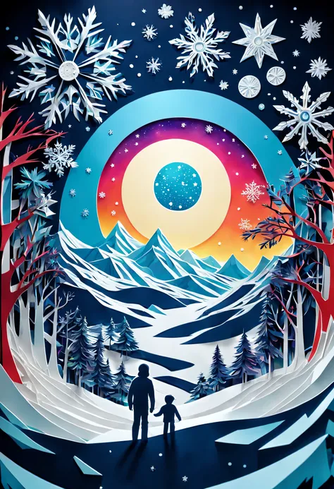 A space vision, made entirely of sheets of paper cut out in the cut-out style, kirigami and snowflakes, its very detailed and textured. in psychedelic color style