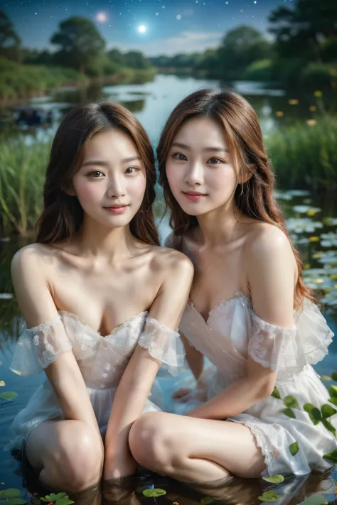 All faces and pictures must be different, high quality, highly detailed, a stunningly photorealistic photo of two beautiful Chinese women,babyfaced, intricate detailed eyes,open shoulders,skirtlift,where two mysterious women sits by the edge of a pond, cap...