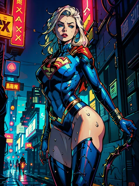 a digital painting of supergirl merging with venom, long hair, cyberpunk art by Josan Gonzalez, winner of the behance contest, afrofuturism, synthwave, neon, shiny neon, thick thighs, thin waist, , nsfw, little clothing, erotic art, anime, torn battle clot...