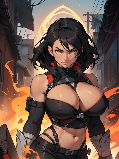 perfect anatomy muscular girl toned body huge breasts black hair yellow eyes solo