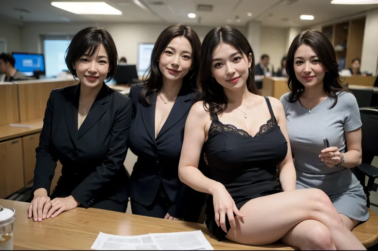 ((Best Quality, 8k, Masterpiecedetails, ultra-high resolution)), (group picture),(looking at the viewer), (full shot:), attractive business 5 milfs, 5 people, a bit chubby:0.15, seductive expression, underwear, (sitting on office desks)), smile, office of ...