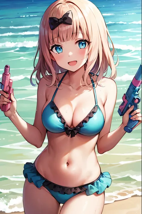 2D, ​masterpiece, top-quality, animesque, ighly detailed, cowboy  shot, 1girl in, 独奏, fujiwara chika, blue eyess, A pink-haired, Hair Bow, Black bow, (Light blue bikini:1.3), (with frills:1.3), (water gun:1.3), Beach background, The best smile, open open m...