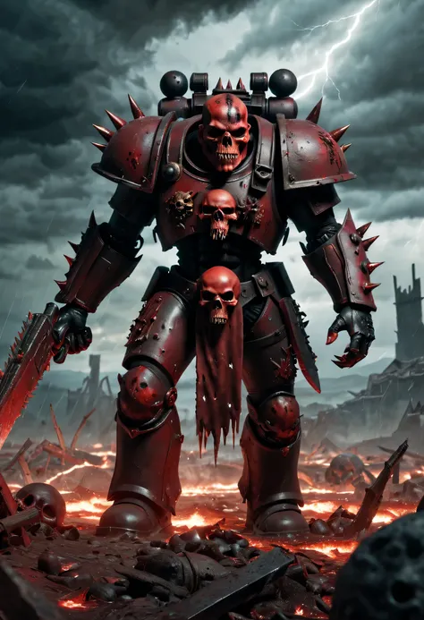 (highres:1.2),realistic,a warhammer 40k chaos marine of khorne,strolls through a bloody battlefield,collecting skulls,grim and d...