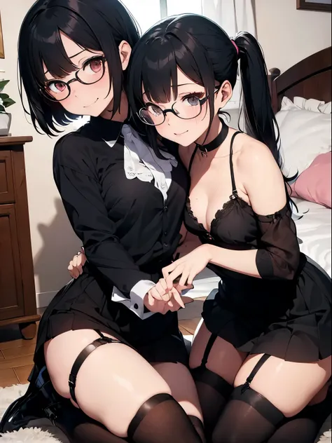 deep kissing 2 girl,lesbian,white skin,black lips,black hair,blunt cut bangs,twin tail,goth makeup style,goth clothes,long skirt,open clothes,glasses,garter belt,black high heel boots,small breasts,seductive smile,sweat,rolling eyes, tears,saliva trail, le...