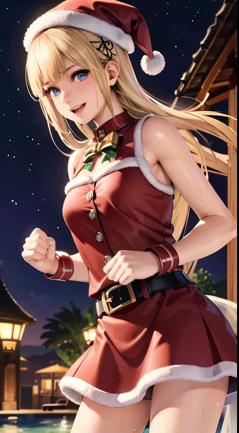 best quality, highres, ultra-detailed, realistic:1.37), A lady, 12 years old, (opening my mouth),(slightly wet with sweat), (smiling), (fantasy, night), weaing a thonh an santa top