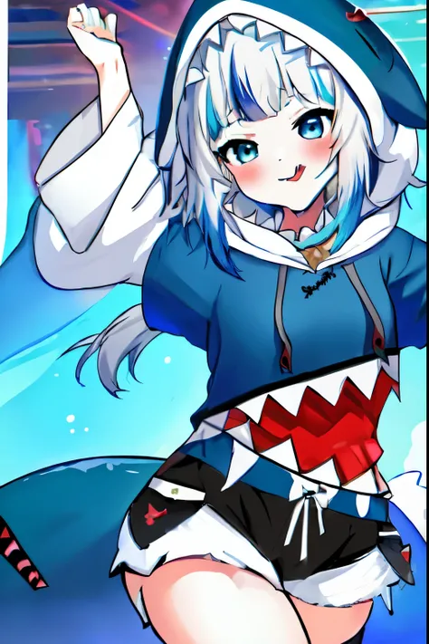 1girl absurdres animal_costume black_shorts blue_eyes blue_hair blue_hoodie blush breasts fins fish_tail gawr_gura gawr_gura_(1st_costume) grey_hair hair_ornament highres hololive hololive_english hood hoodie looking_at_viewer medium_hair multicolored_hair...