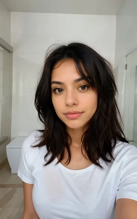 hispanic, black messy Hair, dark brown eyes, top, Chambre, Selfie, looking at camera, white plain tshirt, bathroom, plain background