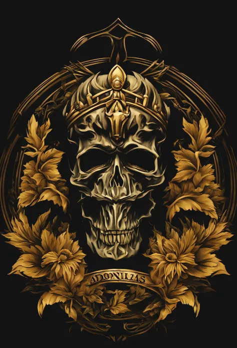 logotipo, nome: Adonias Tattoo, caveira ao centro bem detalhada, usando uma coroa dourada, tatuagem realista, bem detalhada, 4k, obscuro, fundo preto, alta resolução