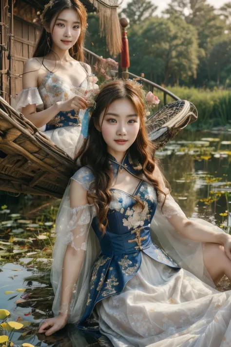 All faces and pictures must be different, high quality, highly detailed, a stunningly photorealistic photo of two beautiful Chinese women,babyfaced, intricate detailed eyes,open shoulders,skirtlift,where two mysterious women sits by the edge of a pond, cap...