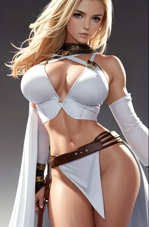 Lithe blonde woman, defined muscles, short wavy hair, barbarian queen, white tunic, leather, straps,  blank background, white background