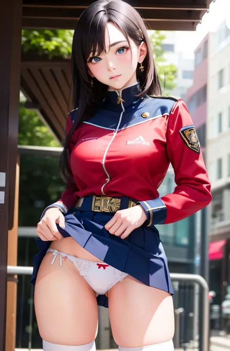 1girl in, sayla mass, Elegant, masutepiece, Convoluted, Army pink uniform dress with a super miniskirt so short you can almost see your pants....、Pure white panties、Please squat down and show me your white panties....、Super miniskirt You can see the pants ...