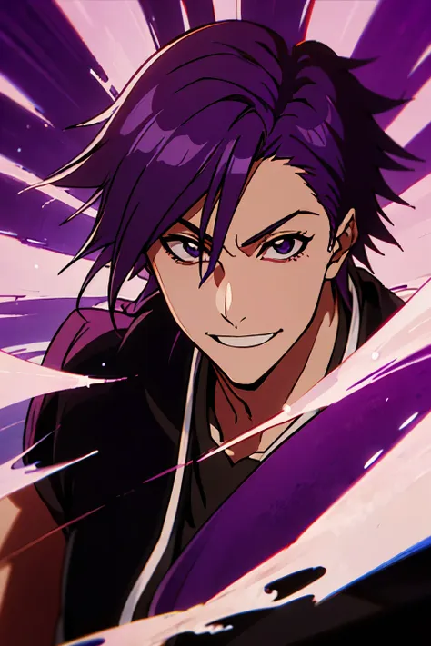 ((melhor qualidade)), ((master part)), 18-year-old man with smiling features with purple eyes and purple hair with orange streak...