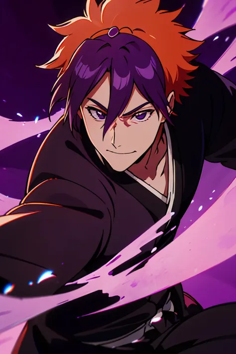 ((melhor qualidade)), ((master part)), 18-year-old man with smiling features with purple eyes and purple hair with orange streak...