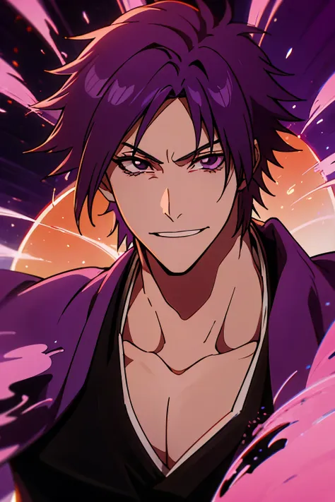 ((melhor qualidade)), ((master part)), 18-year-old man with smiling features with purple eyes and purple hair with orange streaks, utilizando roupas da gotei 13 do anime bleach, Mascara hollow kindred, 2D Animation, anime