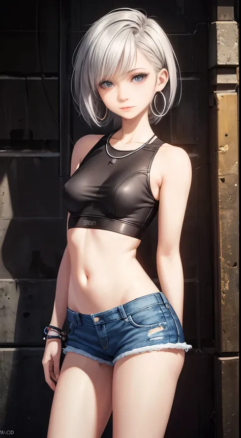 realistic photo, best possible quality, night, street with alley and graffiti on the walls, young woman, 20 years old, brunette with brown eyes, large hoop earrings, very short silver hair, perfect body, well-defined hips, she only wears a black transparen...