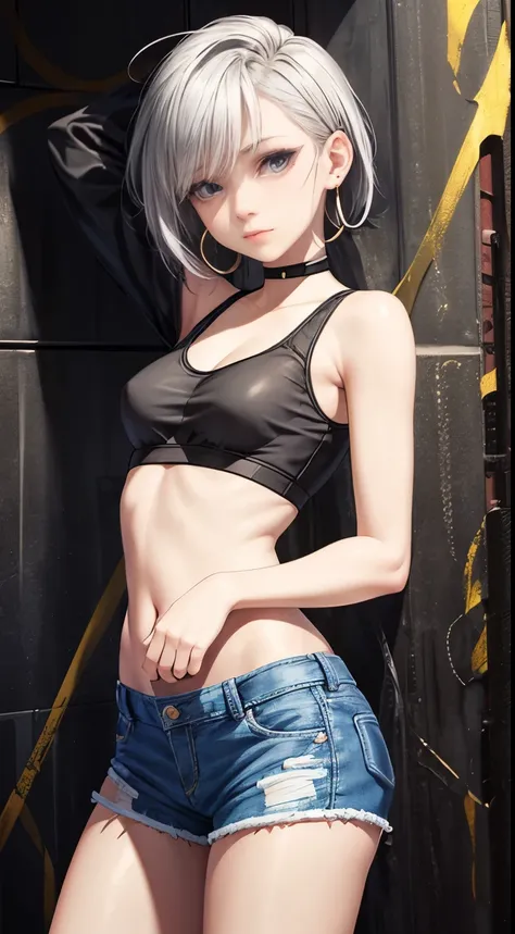 realistic photo, best possible quality, night, street with alley and graffiti on the walls, young woman, 20 years old, brunette with brown eyes, large hoop earrings, very short silver hair, perfect body, well-defined hips, she only wears a black transparen...