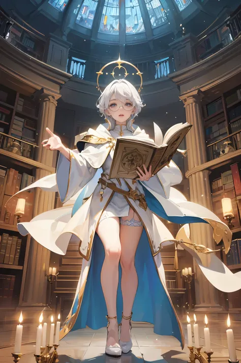 an androgynous boy with long white hair stands inside a large library and holds an open book, the boy is wearing a white cloak with blue jewelry and gold adornments, in lingerie and glasses, the library is lit by candles and filled with books stacked on th...