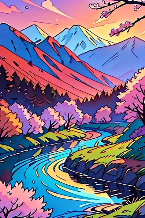 deep forest, distant mountains, flying birds. two-dimensional style, bright and vibrant, cherry blossoms cover the mountainside,...