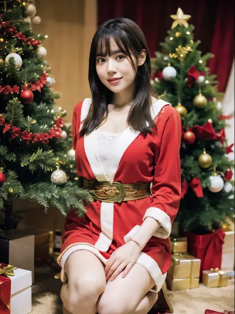 beautfull japanease woman，(red santa claus costume：1.5)，(christmas tree)，black hair，photorealsitic，surrealism, f/1.2, 35 mm, fuj...