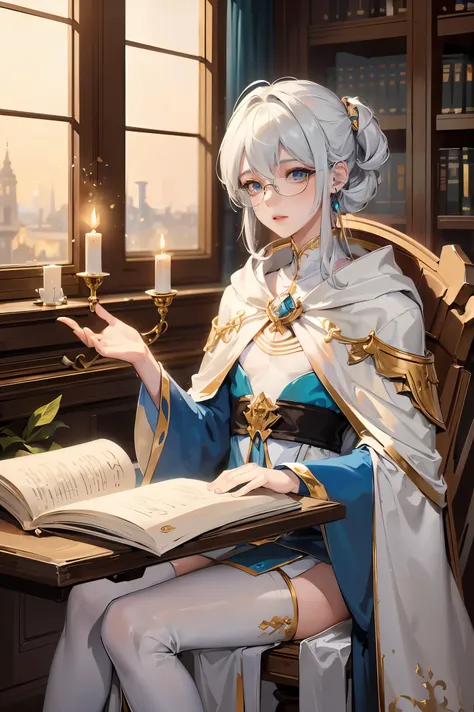 an androgynous boy with long white hair stands inside a large library and holds an open book, the boy is wearing a white cloak with blue jewelry and gold adornments, in lingerie and glasses, the library is lit by candles and filled with books stacked on th...