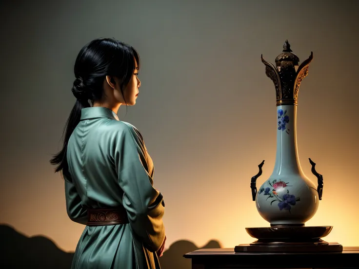 a lovely woman stands in profile, she stands in front of Yunluo (Yun Luo )"Cloud Gong", she holds a large Covered ewer ,Porcelain painted in overglaze polychrome enamels with couples, flowers and landscapes, the beautiful woman is a Phoenix-head ewer, Tang...