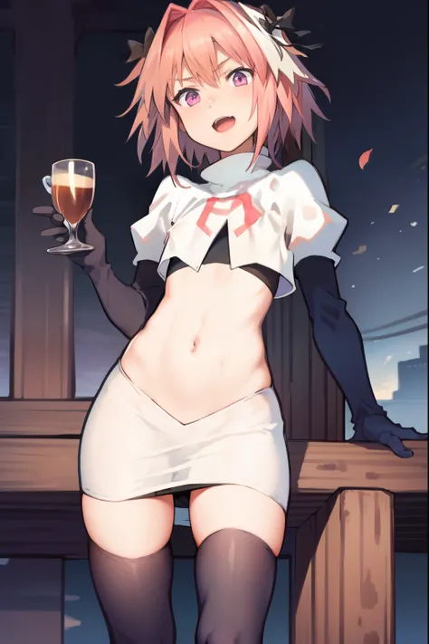 absurdres, masterpiece, best quality, (astolfo fate:1.2155), 1boy, male focus, trap, pink multicolored hair, pink hair, white hair, hair intakes, long hair, pink detailed eyes, crossdressing,1boy, team rocket,team rocket uniform, red letter R, white skirt,...