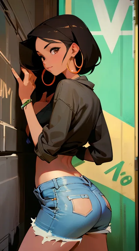 realistic photo, best possible quality, night, street with alley and graffiti on the walls, young black african woman, 20 years old, brunette with brown eyes, large hoop earrings, very short brown african hair, perfect body, her back, definied butt, well-d...