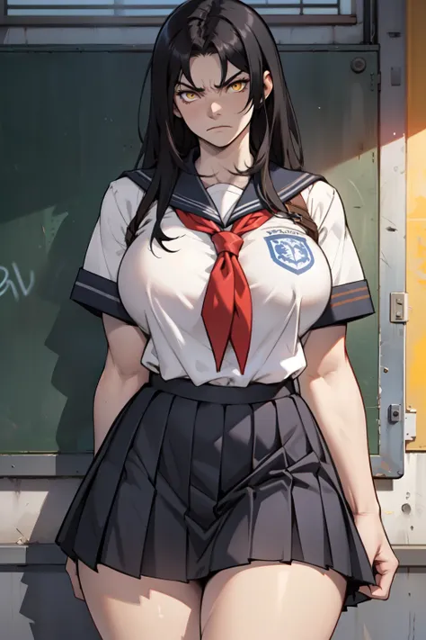 (1girl), black hair, extremely long hair, yellow eyes, ((muscular)), huge breasts, thick thighs, solo, angry, (pale skin), cowboy shot, (school uniform)