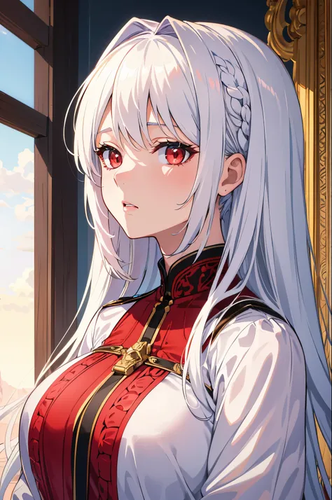 Artwork, Masterpiece, extremely detailed 8k CG unit wallpaper, Bright, incredible colors, beautiful girl with white hair, red eyes, wear a blouse, almost transparent, her gaze focused on the viewer, Landscape background of a beautiful room, calm, soft,  li...