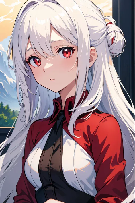 Artwork, Masterpiece, extremely detailed 8k CG unit wallpaper, Bright, incredible colors, beautiful girl with white hair, red eyes, wear a blouse, almost transparent, her gaze focused on the viewer, Landscape background of a beautiful room, calm, soft,  li...