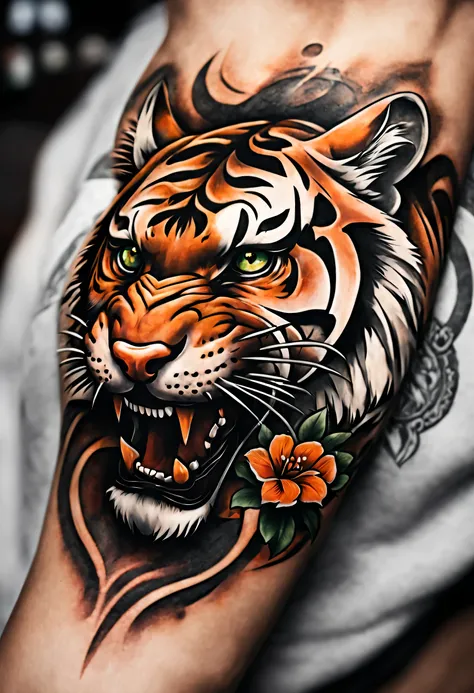 logotipo, tatuagem, tattoo, Tigre ao centro, bem detalhado, tigre de sabre, presas afiadas, tatuagem realista, bem detalhada, 4k, obscuro, fundo preto, alta resolução, cinematic background