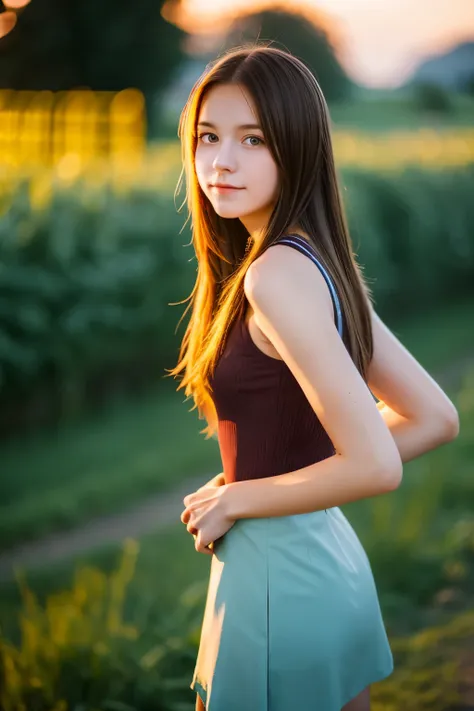 austrian high teen girl, shoulder-length hair, Sleeveless earth color one-piece skirt, Turn around pose, at dusk, rural area, Photo quality, Photo above the chest, background blur, portrait style, catch light