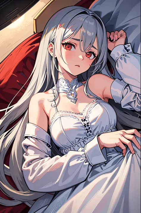 hight resolution, HighestQuali, illustartion, cinematiclight, Ultra Detailed, Detailed Face, (detailed eye quality, Ultra Detailed, Masterpiece, (Detailed Face), Sweet girl，long gray hair，white pajamas all over the body，Body chains，cry，Lie down in bed, Whi...