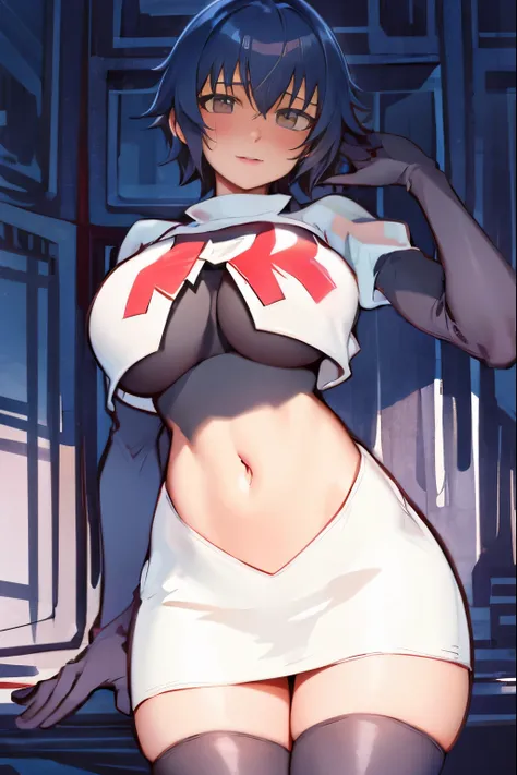 shiroganenaoto,1girl,solo,large breasts,heavy blush,(grey eyes:1.2), team rocket,team rocket uniform, red letter R, white skirt,white crop top,black thigh-highs,black elbow gloves