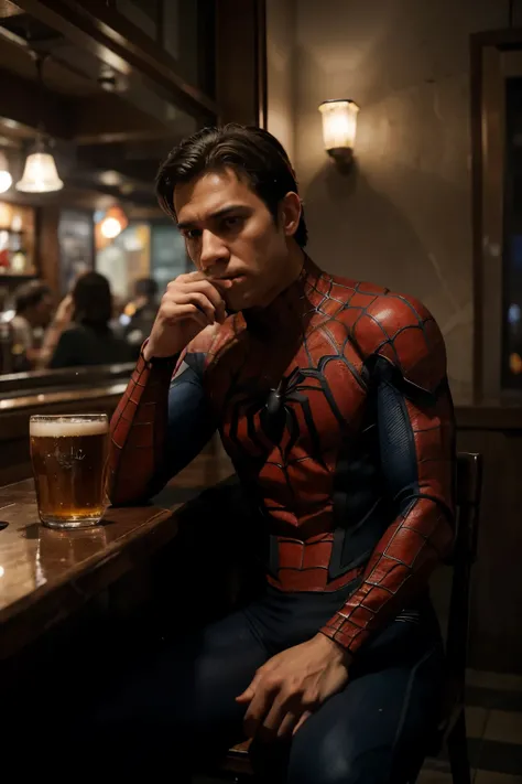 Using the highest quality of artificial intelligence, develop an image with advanced levels of detail and a cinematic style. Na cena, retrate o Homem-Aranha profundamente triste e desanimado com a vida, sitting in a dark and dreary bar, segurando uma canec...