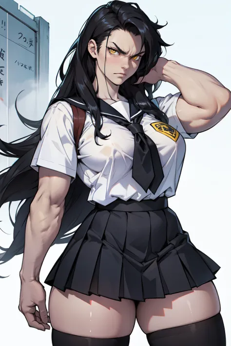 (1girl), black hair, extremely long hair, yellow eyes, ((muscular)), huge breasts, thick thighs, solo, angry, (pale skin), cowboy shot, (school uniform)