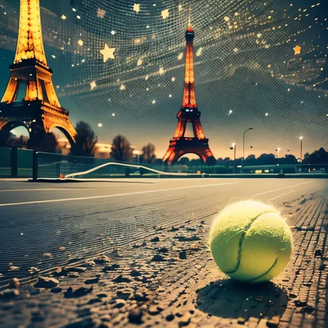 Affiche de style vectoriel Van Gogh (match de tennis , René Lacoste avec raquette de tennis à la main qui lance la balle jaune en lair sur terrain de tennis cours Rolland Garros confondu avec leau de la Seine), un pont derrière et la Tour Eiffel au loin ; ...