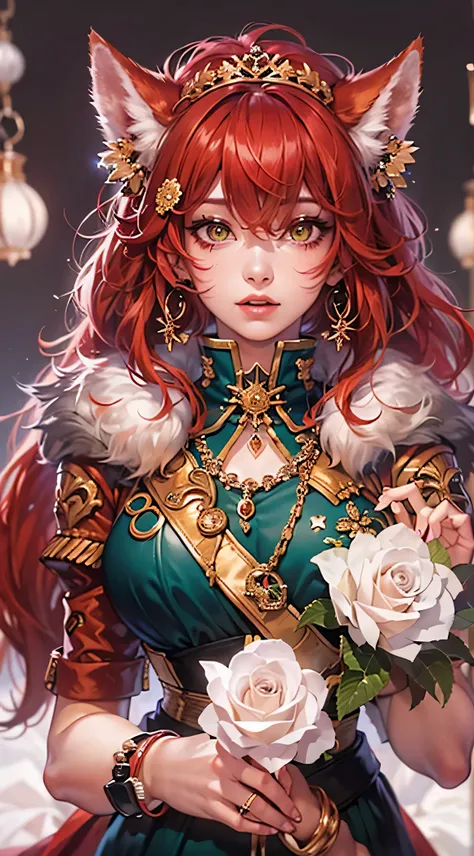 Red Wolf Girl, red hair with white roses, Yellow eyes, wolf ears on the head, dressed in a satin emerald dress in hussar style, stand-up collar, gold pendants with chains on the chest, Hairstyle from hair, graceful, overdetalization, Masterpiece, hyper rea...