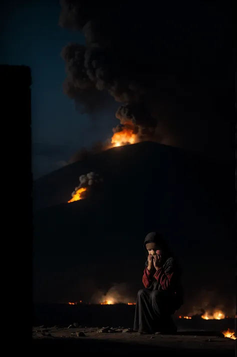 Ciudad Palestina destruida, fuego, incendio, humo negro, ciudad de Gaza, escombros con fuego, child kneeling crying, Tears in her eyes, rostro con dolor, rostro detallado, ropa con colores palestinos, bandera Palestina en el suelo, tono oscuro, Melancholic...