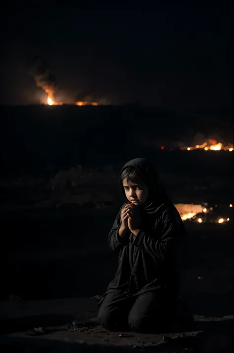 ciudad palestina destruida, fuego, incendio, humo negro, ciudad de gaza, escombros con fuego, child kneeling crying, tears in he...