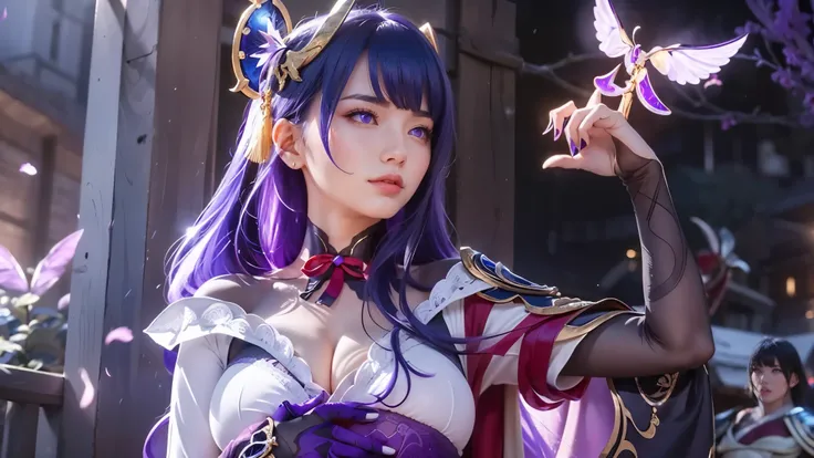 (ultra realistic photo, 8k uhd, full of details in clothes and face, masterpiece, girl goddess of beauty). Shogun Raider from Genshin Impact is a sexy woman with long, flowing purple hair, who wears a highly detailed sexy lingerie, she wears a jewel on the...