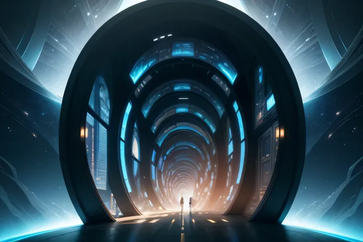 Ultra-realistic image of the view through a tunnel in space-time., remolinos y vislumbres de otros lugares y dimensiones, con una ciudad ultra futurista con cientos de rascacielos al fondo, Ilustraciones de psytrance, progressive rock album cover, beautifu...