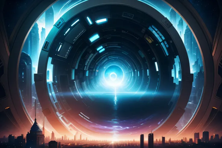 Ultra-realistic image of the view through a tunnel in space-time., remolinos y vislumbres de otros lugares y dimensiones, con una ciudad ultra futurista con cientos de rascacielos al fondo, Ilustraciones de psytrance, progressive rock album cover, beautifu...