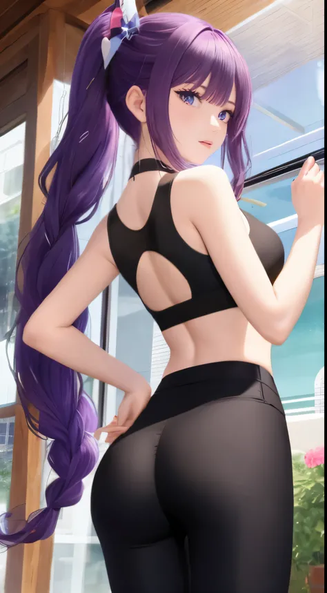 (masterpiece, best quality), high quality, absurdres, highres, ultra detailed, intricate, beautiful woman, 1girl, kafka (honkai: star rail), star-kafka, looking at viewer, from behind, looking back, ass, toned, sports bra, leggings, high-waist pants, yoga ...