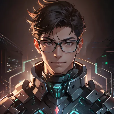 (masterpiece), 8k cg, intricate details, chromatic aberration, ((bust shot)), ((looking at viewer)), 1man, (brown eyes, short brown hair, glasses, cybernetic armor, cyber armor, ben 10), handsome face, strong face, smile, absurdres, cinematic lighting, dyn...