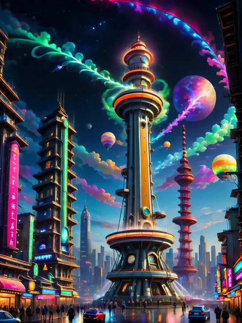 In the distant future，In a mechanical city illuminated by technology and neon lights，A huge neon lighthouse stands，The background of this painting is a night view of the city，Dotted with brilliant stars and swirling nebulae。Machine City night view。Soaring ...