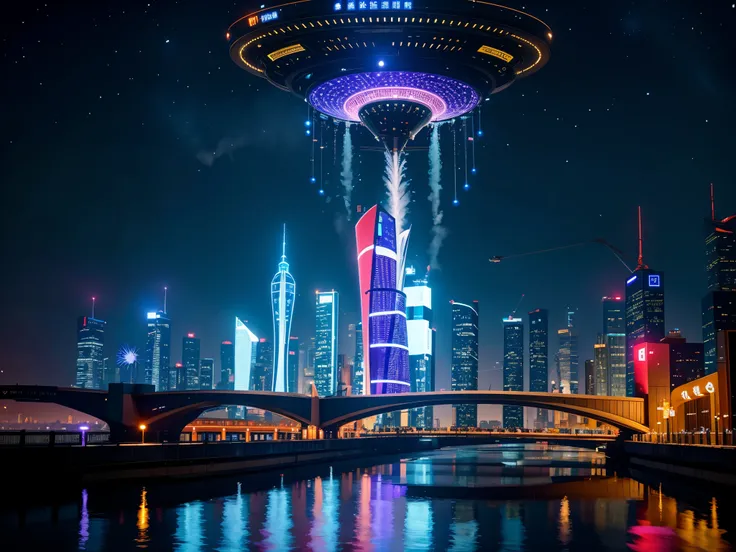 In this futuristic image of a city at night，We were taken into a city full of technology and innovation。Tall skyscrapers glow with neon lights in the night sky，Forming a series of colorful lines。The facades of these buildings are covered with reflective ma...