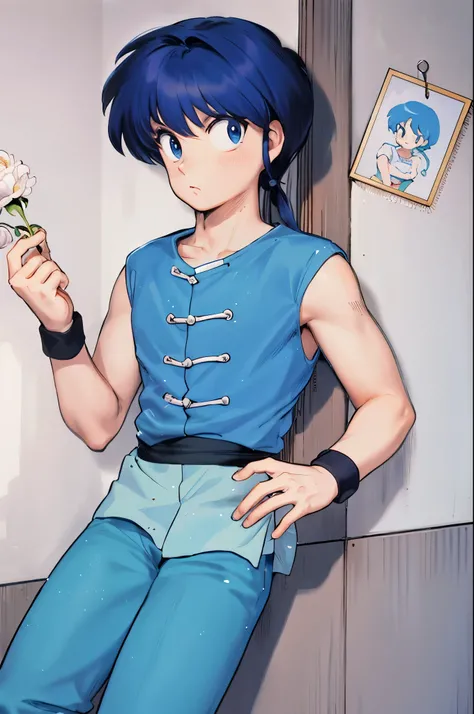 anime boy sitting on a wall holding a flower in his hand, Rapaz 16 anos, Ranma 1/2, Directed by: Rumiko Takahashi, inspirado em Matsumura Goshun, inspirado em Rei Kamoi, inspired Directed by: Rumiko Takahashi, inspirado em Tsubasa Nakai, inspirado em Kusum...