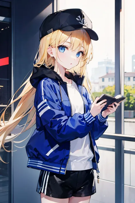 girl with、Black Cap、Blue jacket、short pants、Blonde Long、Blue eyes