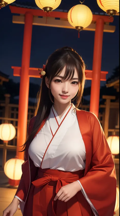 1girl,miko (shrine maiden outfit, long scarlet hakama, many head accessories:1.5) (cute, tareme, smile, bare face, big eyes:1.4) straight hear, black hair, long hair, ponytail, cowboy shot, smile, big breasts, looking forward (in shrine, in night, japanese...